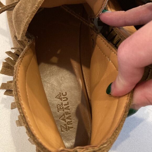 Zara camel brown genuine leather suede fringe moccasin holloween shoes size 39 - Picture 7 of 8